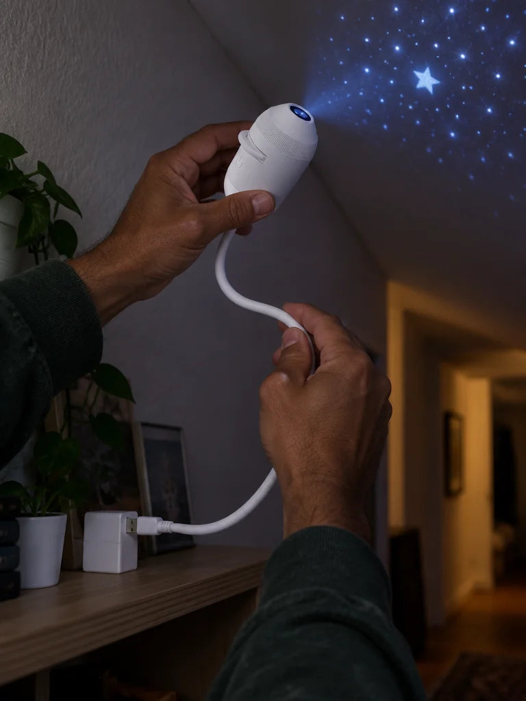 A vertical close use photograph of the exact white USB galaxy projector from the reference, its smal