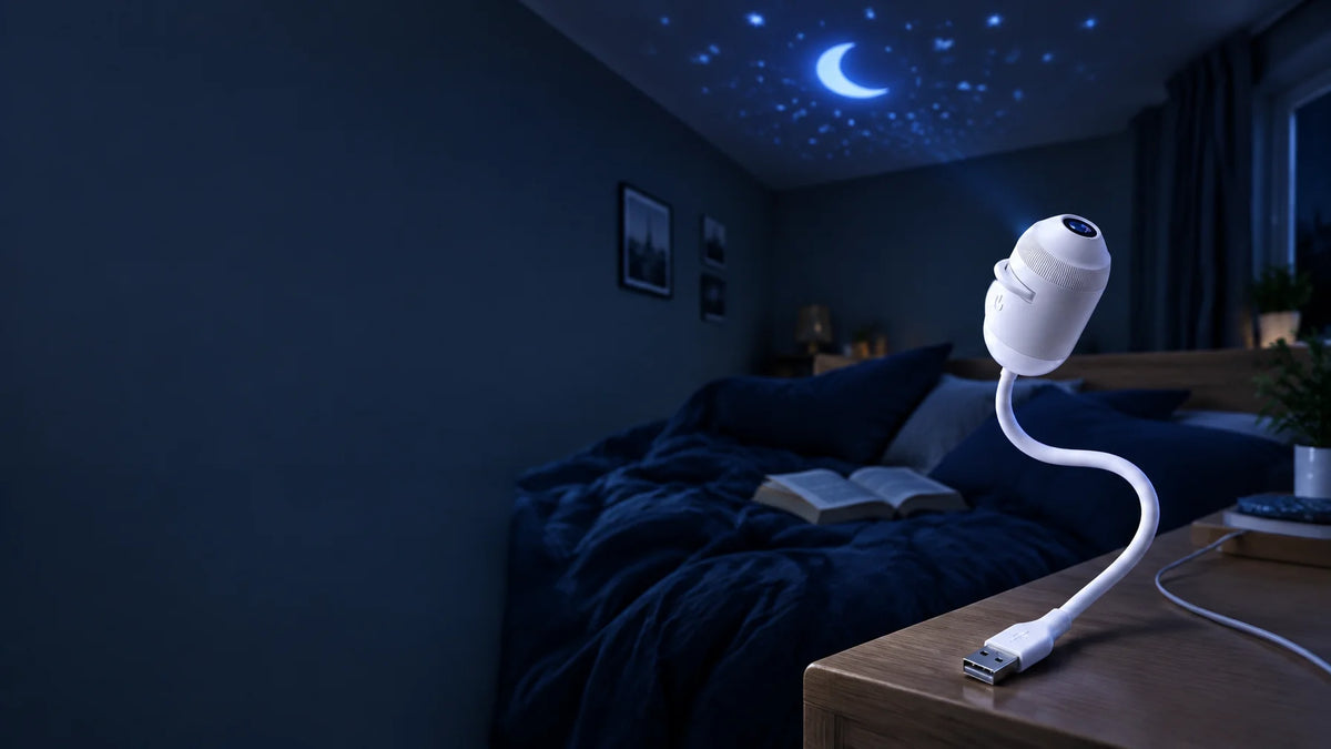 A wide cinematic interior photograph of the exact compact white USB galaxy projector from the refere