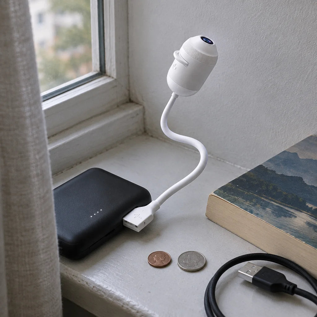 A square close-up of the exact compact white USB galaxy projector from the reference plugged directl