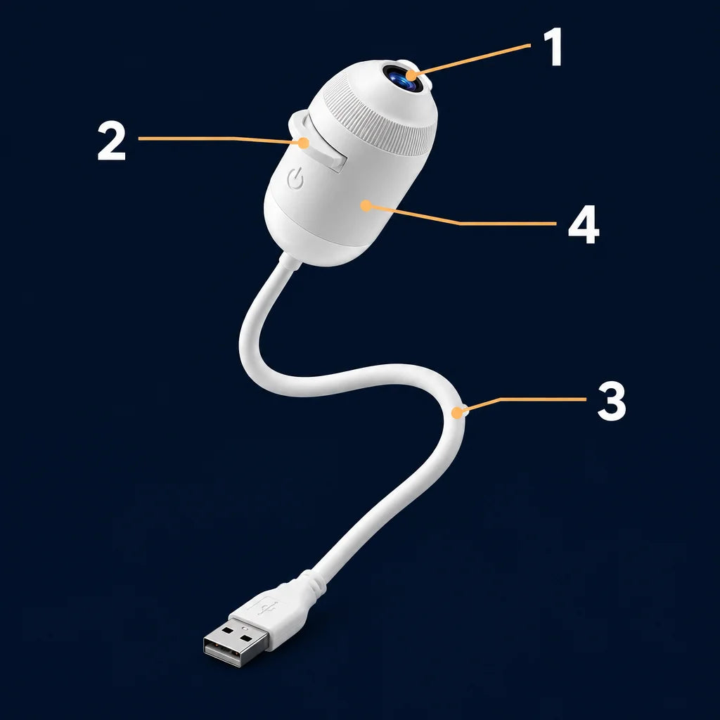 A clean technical diagram on a deep navy #071326 field, with the exact compact white USB projector f