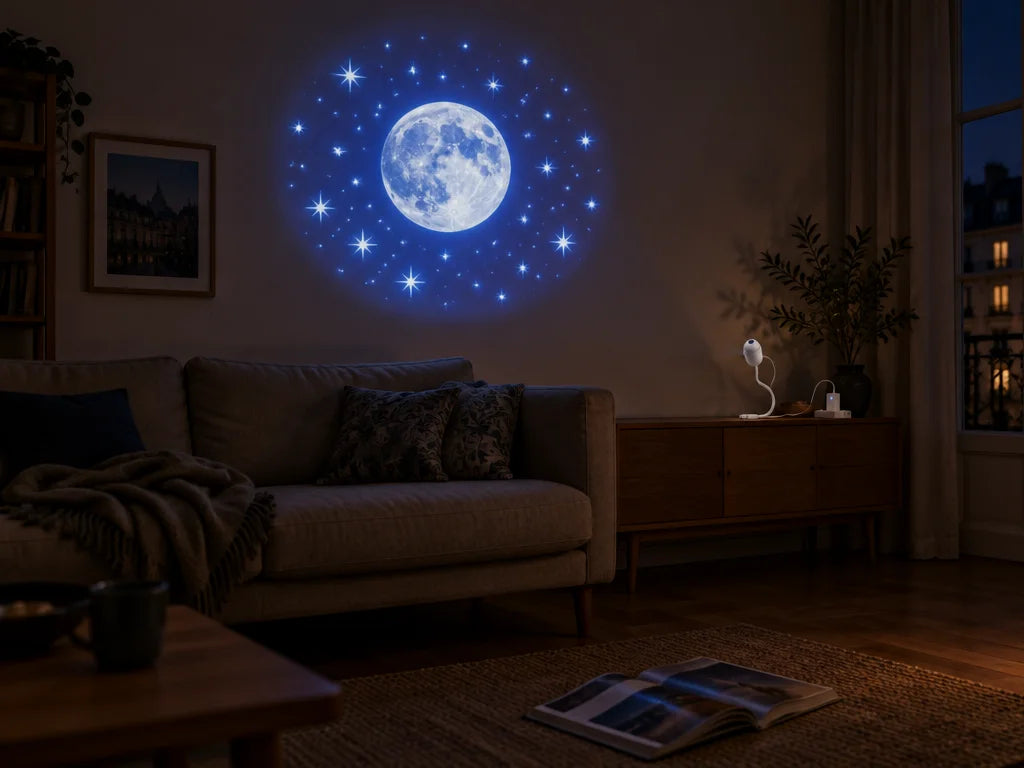A wide lived-in French sitting room at night, with the exact compact white USB galaxy projector from