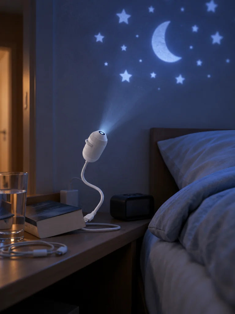 A portrait photograph of the exact compact white USB projector from the reference on a low bedside s