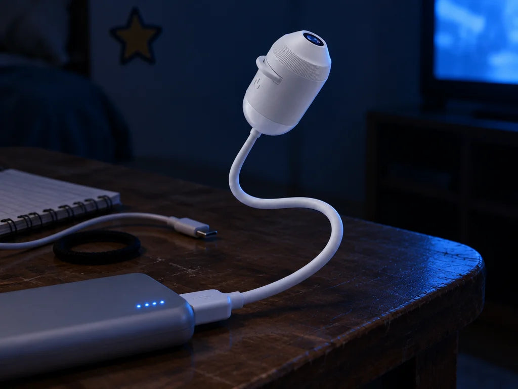 A close photograph of the exact compact white USB projector from the reference, resting on the edge