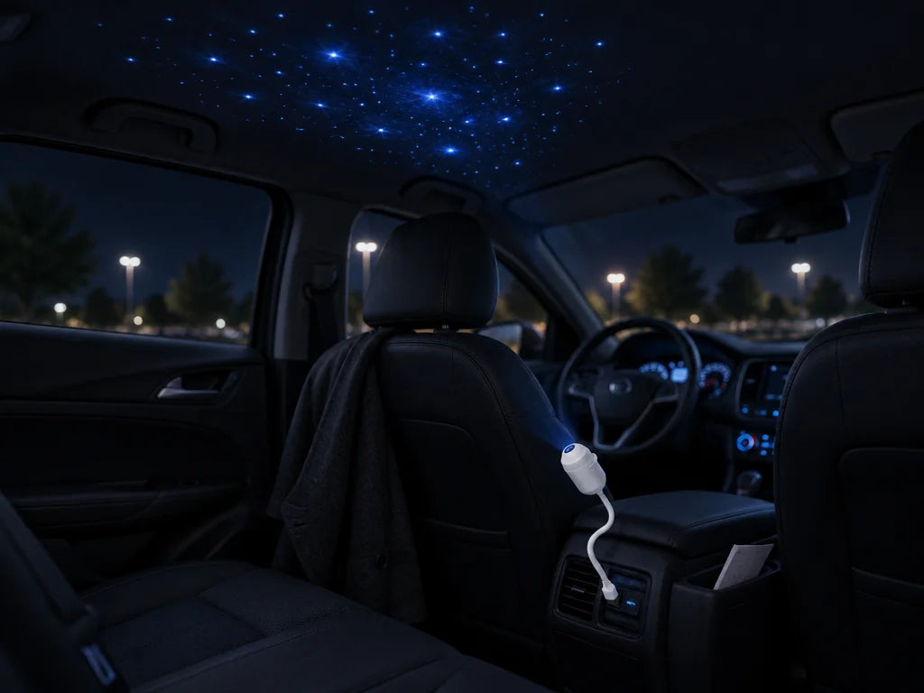 A wide view from the passenger-side rear seat inside an ordinary parked car at night. The exact comp