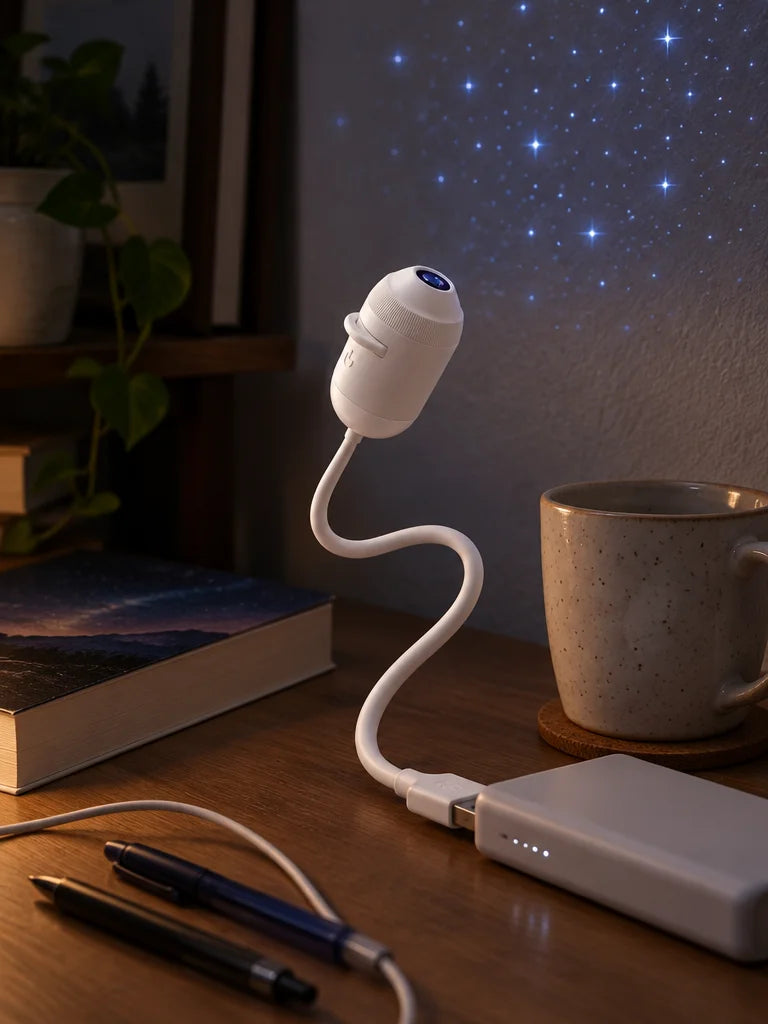 A close vertical room photograph of the exact compact white USB galaxy projector from the reference,