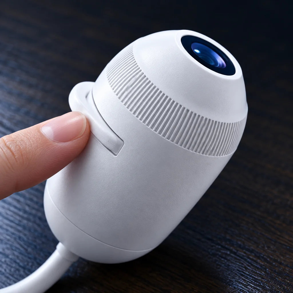 A very close macro photograph of the exact compact projector from the reference: smooth white ABS bo