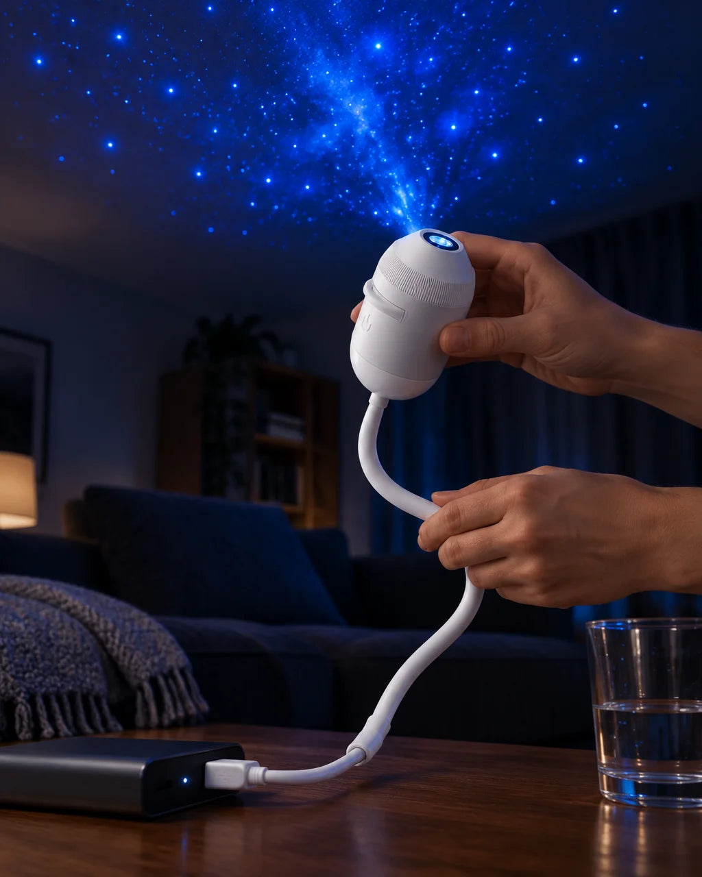 A close environmental photograph of the exact compact white ABS USB galaxy projector in the referenc