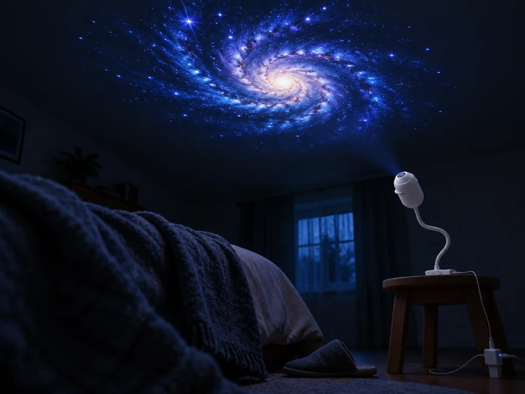 A wide horizontal view from the foot of a real bedroom bed: the exact compact white USB projector re