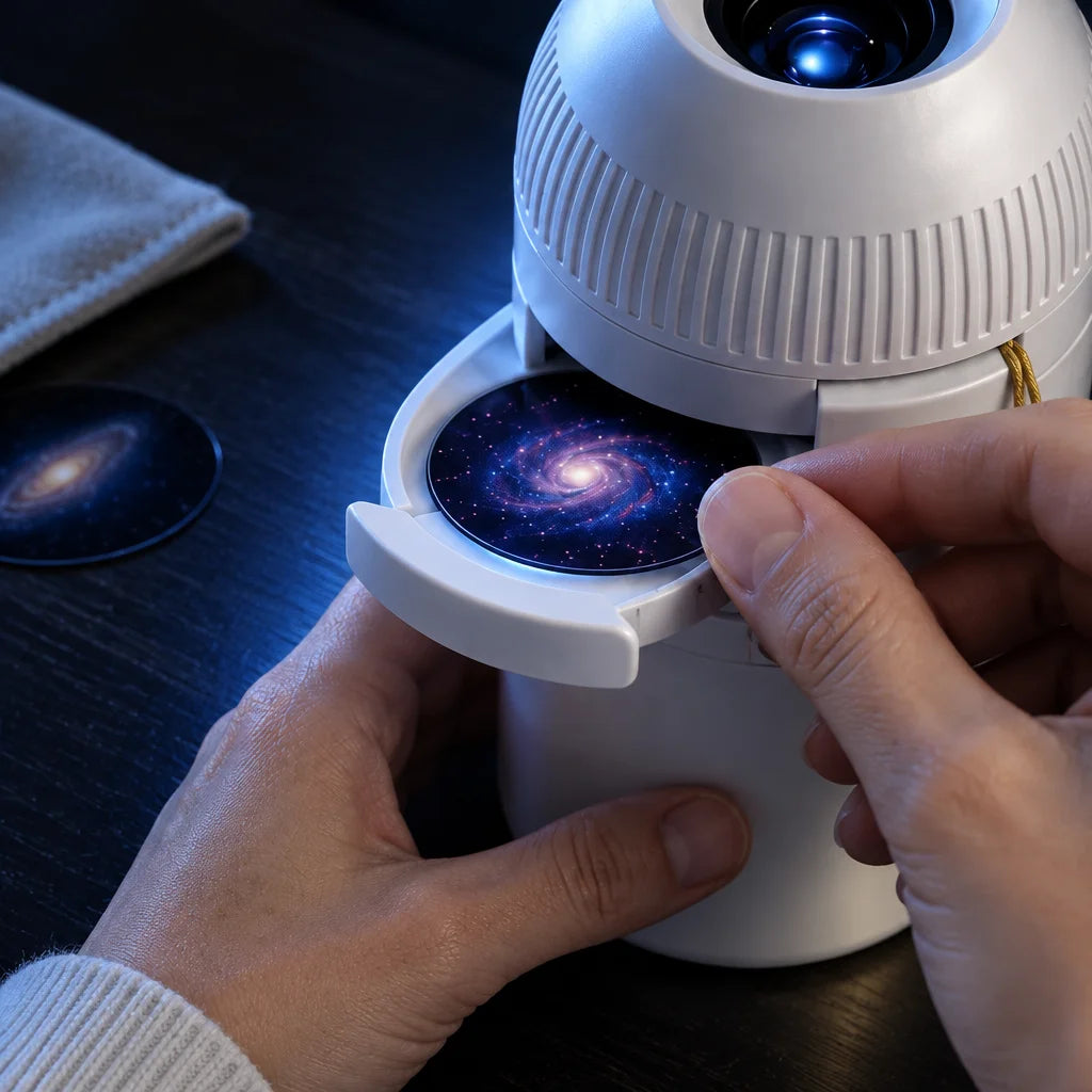 A tight macro photograph of the exact white ABS projector head from the reference, showing the small