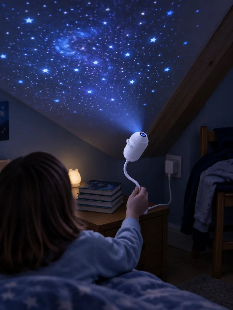 A close, quiet photograph in a small attic bedroom at night: the exact white USB galaxy projector fr